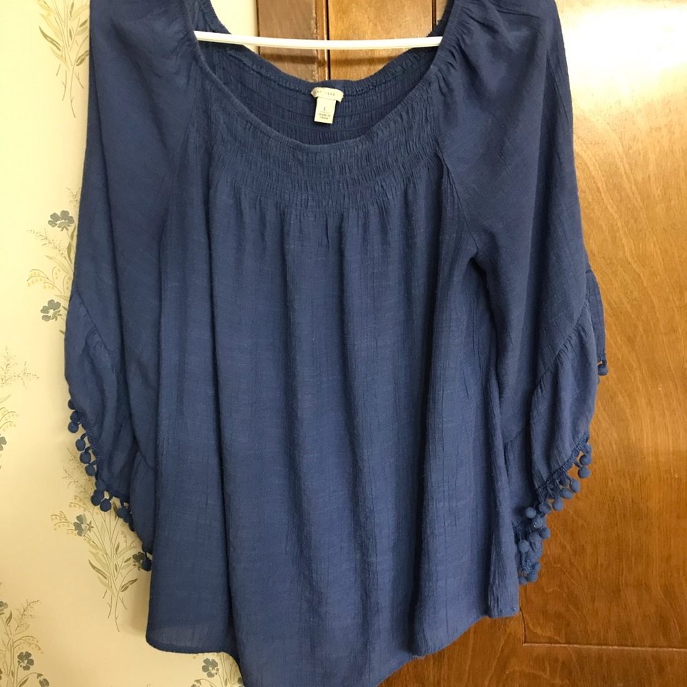 Sea Blue Linen Shirt with Flowy Pom Pom Sleeves